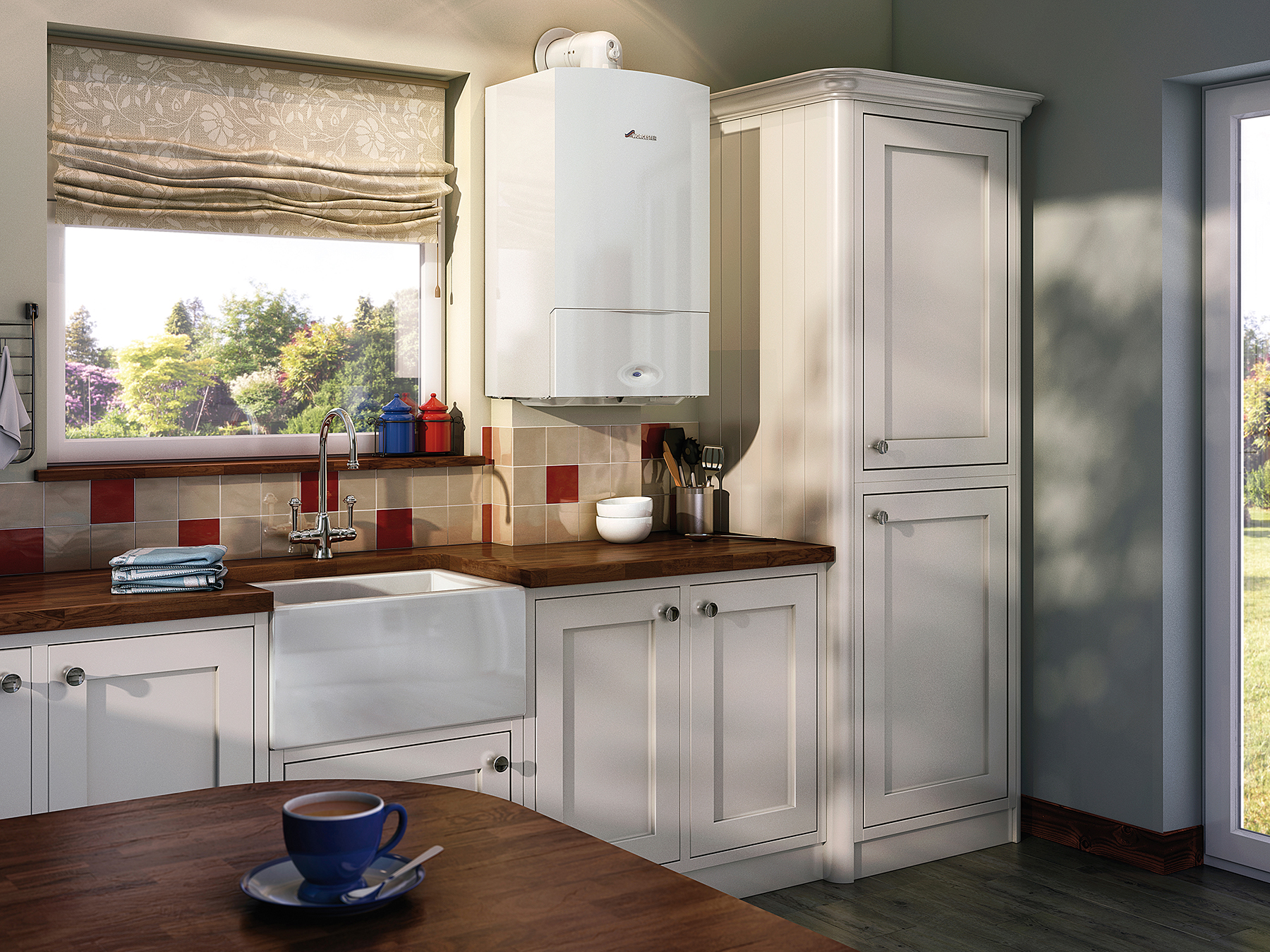 Worcester Bosch boiler installed in a warm UK home kitchen by AmberHeat Boilers